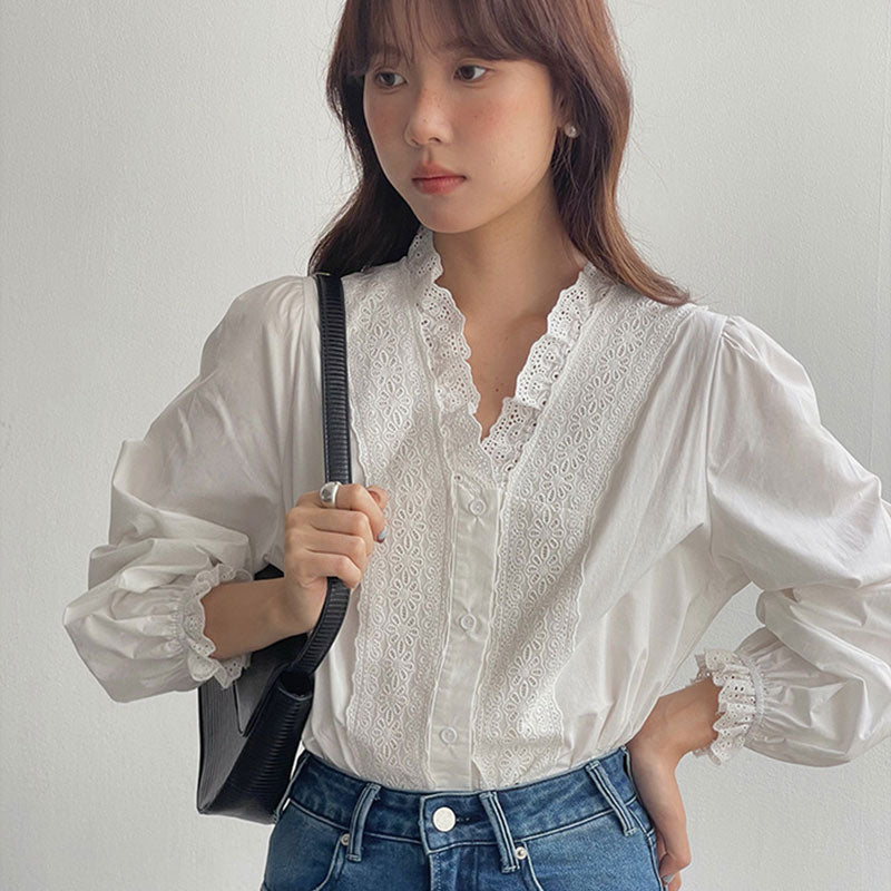 🆕新品上架【梨花瑪雅】🏆熱賣款絕美法式荷葉領蕾絲花邊氣質細節襯衫