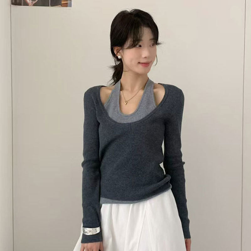 🆕新品上架💖【梨花瑪雅】秋冬新款溫柔小姐姐繞頸式假兩件撞色針織上衣(3色)