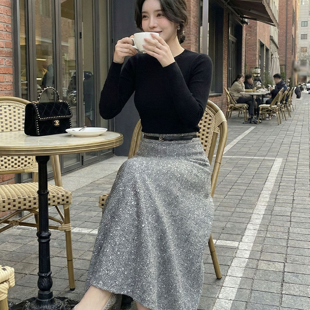 💜新品上架【梨花瑪雅】氣質名媛法式優雅星光人字紋直筒修身灰色亮片毛呢長裙(S~4XL)