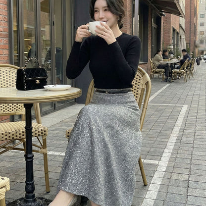 💜新品上架【梨花瑪雅】氣質名媛法式優雅星光人字紋直筒修身灰色亮片毛呢長裙(S~4XL)