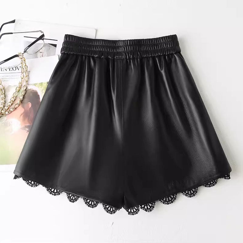 🆕新品上架💖【梨花瑪雅】🔥優雅精緻簡約百搭高腰蕾絲拼接羊皮短褲💖韓國連線