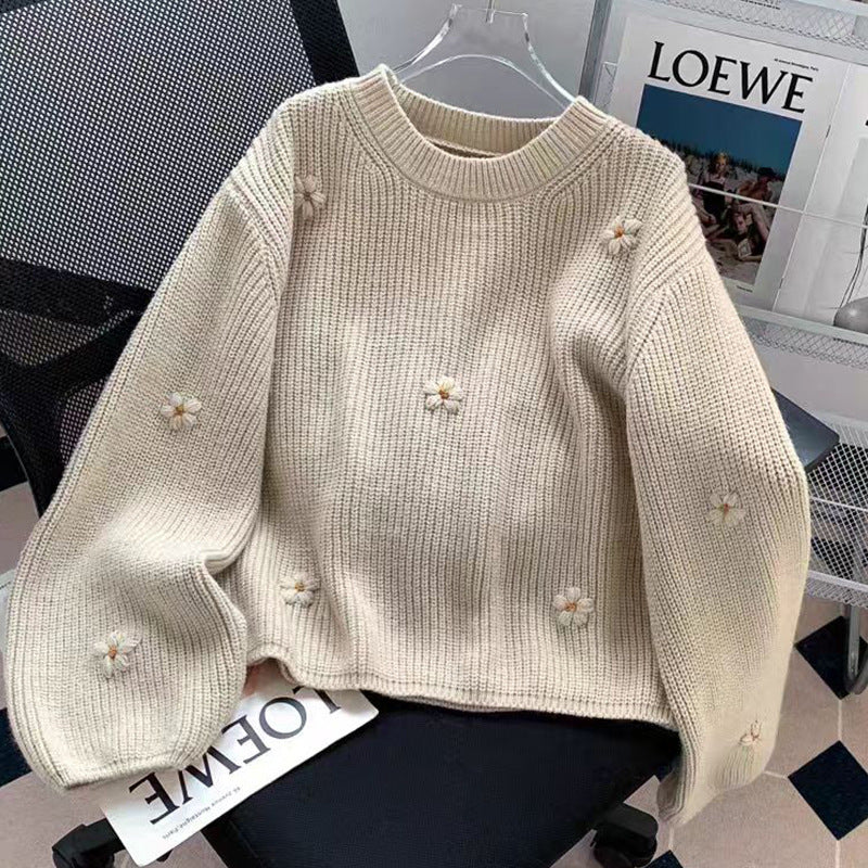💜新品上架【梨花瑪雅】韓系溫柔立體小花刺繡圓領針織衫👚🌼(兩色)