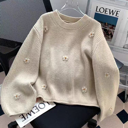💜新品上架【梨花瑪雅】韓系溫柔立體小花刺繡圓領針織衫👚🌼(兩色)