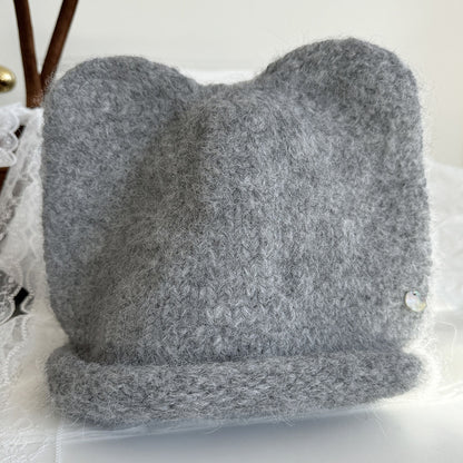 🆕新品上架💖【梨花瑪雅】💕韓系圓頂貓耳朵保暖貝殼釦毛線帽(6色)