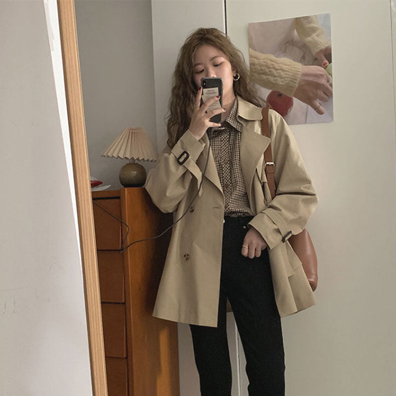 🆕新品上架【梨花瑪雅】短版英倫風卡其色經典雙排釦修身風衣外套