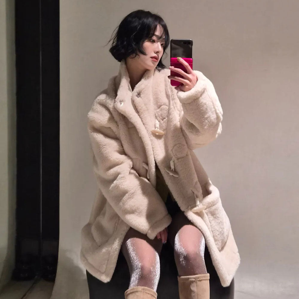 💜新品上架【梨花娘】韓國品牌GENERAL IDEA軟萌牛角扣俐落麂皮風雙面穿仿羊羔絨大衣(兩色)