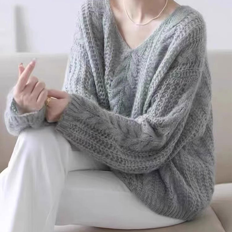 🆕新品上架💖【梨花瑪雅】🍂秋冬新款法式慵懶V領縷空柔軟馬海毛針織毛衣(3色)