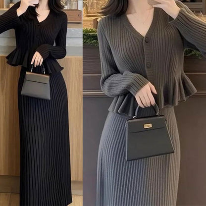 🆕新品上架💖【梨花瑪雅】秋冬款V領傘擺氣質小香風針織兩式長裙套裝(2色)🌹
