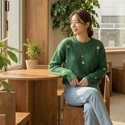 💜新品上架【梨花瑪雅】韓系溫柔立體小花刺繡圓領針織衫👚🌼(兩色)