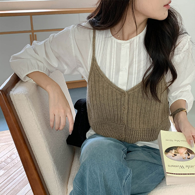 🆕新品上架【梨花瑪雅】🍁韓系溫柔百搭疊穿寬鬆開襟針織吊帶背心(3色)🤞