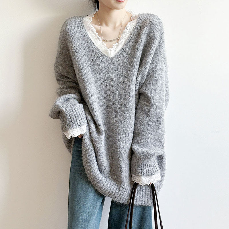 💕新品上架【梨花瑪雅】爆紅蕾絲花邊毛衣冬季慵懶寬鬆柔軟溫柔針織上衣💖💖(3色)