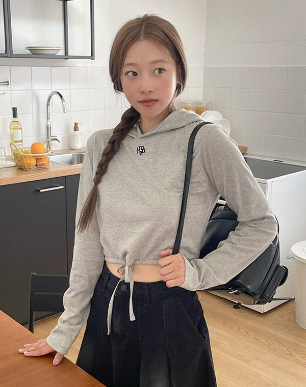 韓國 muahmuah 刺繡LOGO 連帽綁繩 短版 長袖T恤  (現貨+預購)