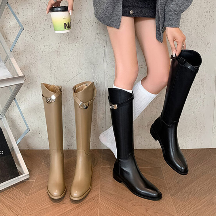 🆕新品上架💖【梨花瑪雅】🎠秋冬新款頭層牛皮鎖扣大筒圍騎士超修飾腿型長靴💕