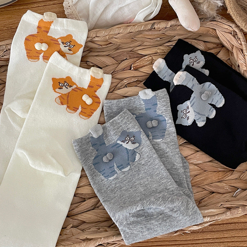 🆕新品上架💖【梨花瑪雅】 😽純棉蛋蛋貓中筒襪可愛ins三雙一組