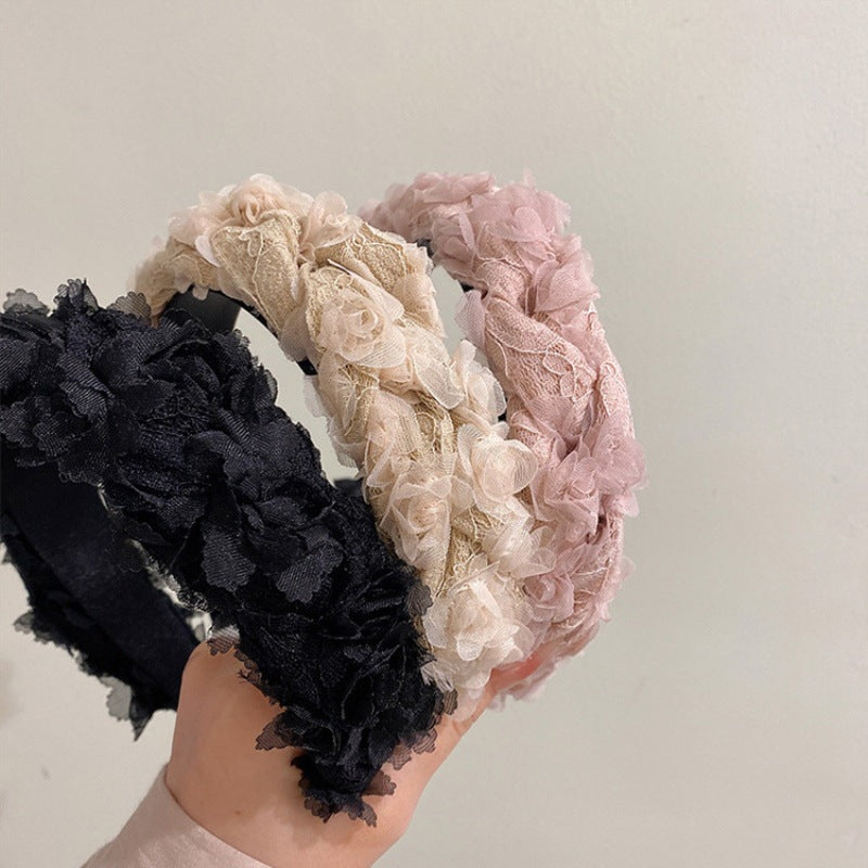 🆕新品上架【梨花瑪雅】💖韓風INS溫柔高顱頂甜美蕾絲玫瑰花朵髮箍(3色)