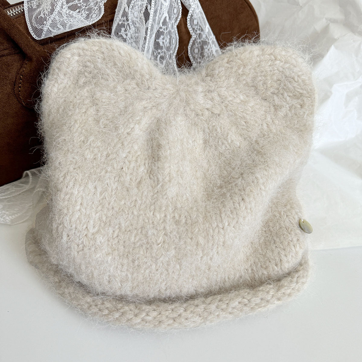 🆕新品上架💖【梨花瑪雅】💕韓系圓頂貓耳朵保暖貝殼釦毛線帽(6色)