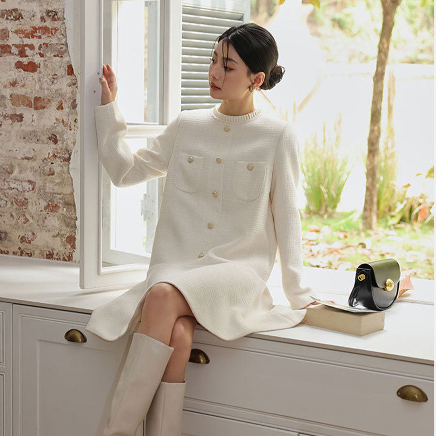 🆕新品上架💖【梨花瑪雅】🎠秋冬新貴族摺領小香風氣質輕奢傘擺洋裝(2色)