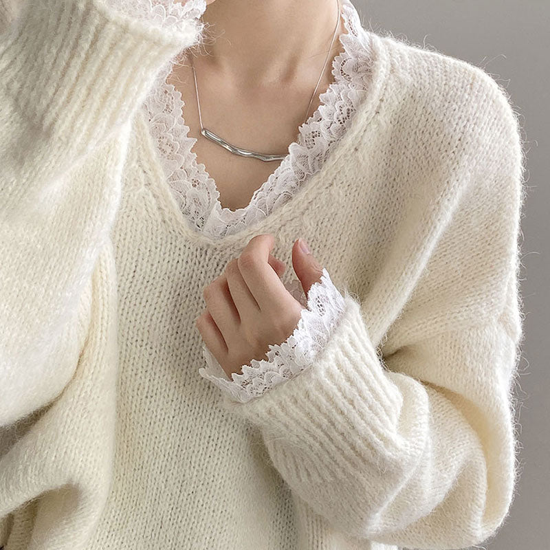 💕新品上架【梨花瑪雅】爆紅蕾絲花邊毛衣冬季慵懶寬鬆柔軟溫柔針織上衣💖💖(3色)