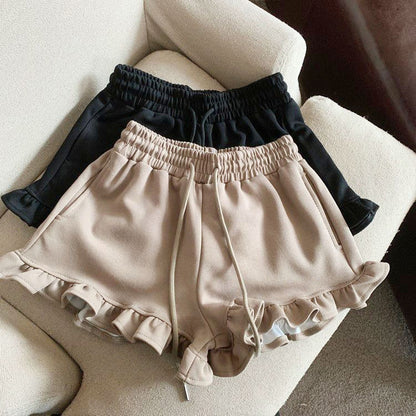 🆕新品上架💖【梨花瑪雅】木耳邊棉質休閒高腰運動寬襬短褲(3色)