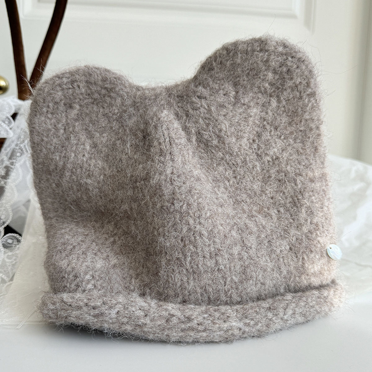 🆕新品上架💖【梨花瑪雅】💕韓系圓頂貓耳朵保暖貝殼釦毛線帽(6色)