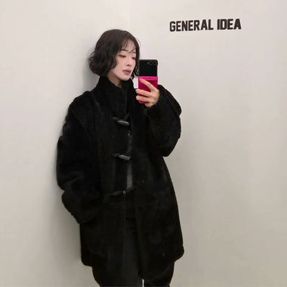 💜新品上架【梨花娘】韓國品牌GENERAL IDEA軟萌牛角扣俐落麂皮風雙面穿仿羊羔絨大衣(兩色)