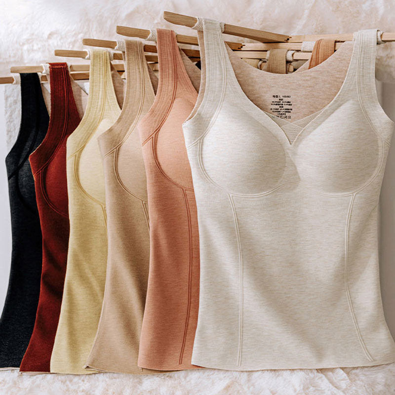 🆕新品上架💖【梨花瑪雅】🔥羊絨蠶絲V領網紗加厚內搭無痕保暖附胸墊塑身背心(6色)