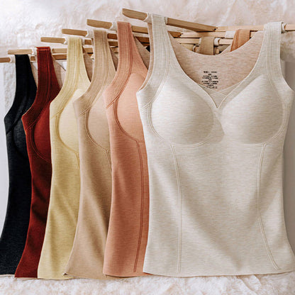 🆕新品上架💖【梨花瑪雅】🔥羊絨蠶絲V領網紗加厚內搭無痕保暖附胸墊塑身背心(6色)