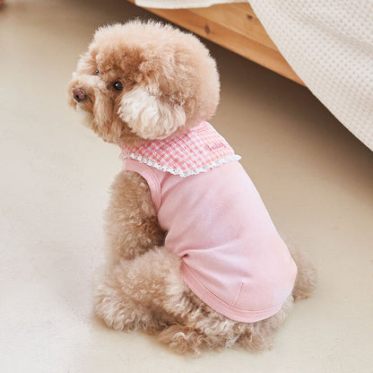 韓國新品上架【梨花娘】🐾BAILEY 🐶秋冬新品 韓系溫小公主格子領蕾絲邊刺繡寵物服飾(3色)