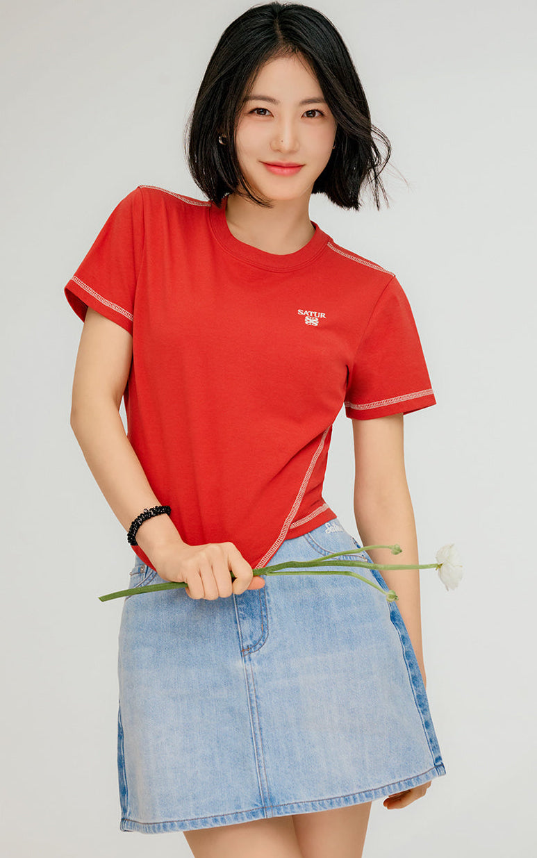 🆕新品上架【梨花娘】💖韓國品牌SATUR「撞色對比視覺顯瘦」 A 字顯瘦牛仔短裙(3色)