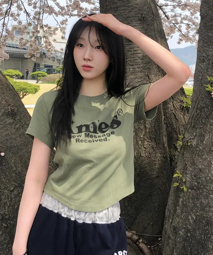 💖韓國暢銷品牌AMES-WORLDWIDE🆕新品上架 美式復古修身圓弧下擺短版 T-shirt(5色)
