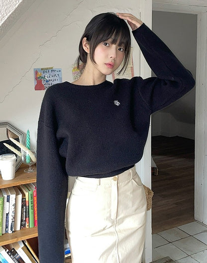 muahmuah 자수 로고 라운드 넥 벨트 스웨터