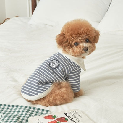韓國新品上架【梨花娘】🐾BAILEY 🐶秋冬新品 條紋翻領柔棉立體徽章刺繡寵物服飾(3色)