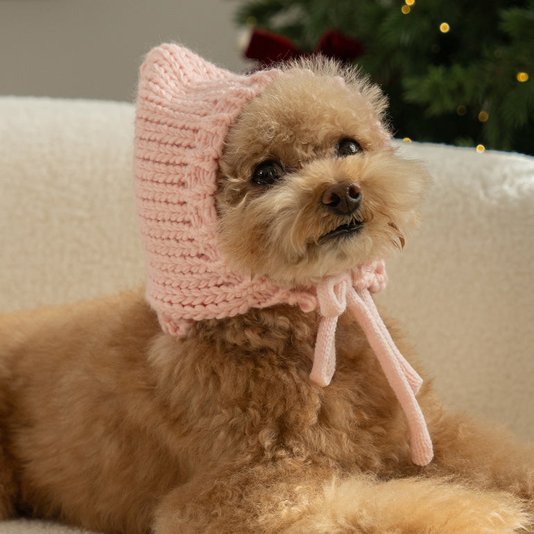 💕【梨花娘】韓國BAILEY❄️北歐雪夜針織保暖蝴蝶結安全別針綁帶寵物保暖帽(5色)