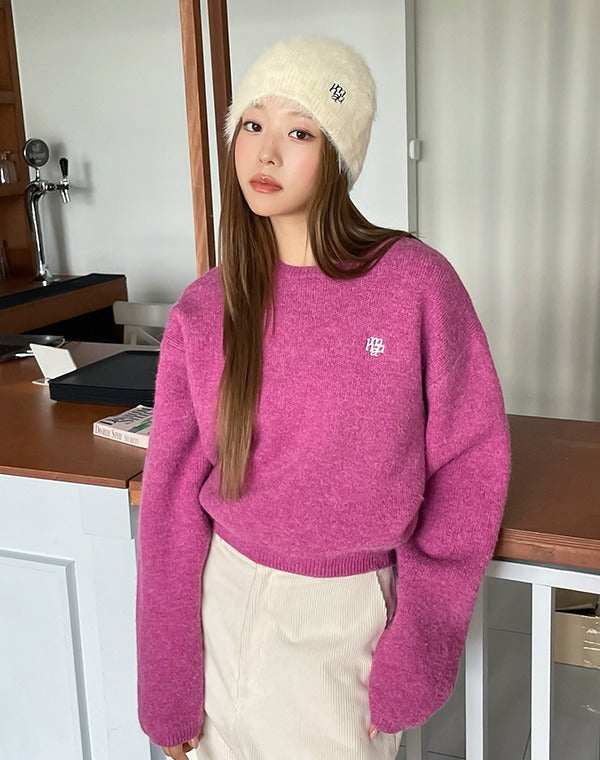 muahmuah 자수 로고 라운드 넥 벨트 스웨터