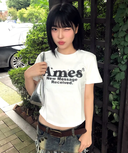 💖韓國暢銷品牌AMES-WORLDWIDE🆕新品上架 美式復古修身圓弧下擺短版 T-shirt(5色)
