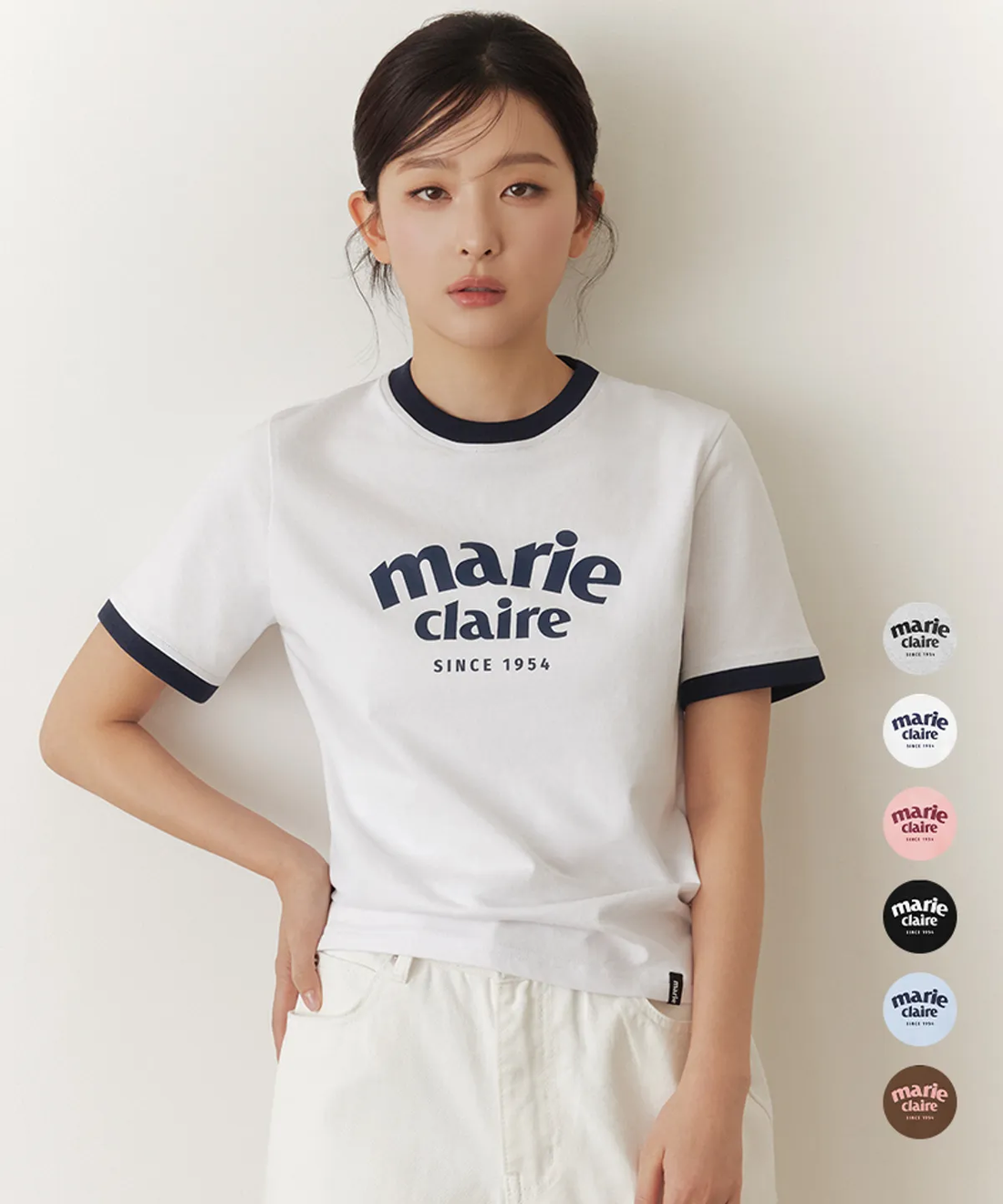 🆕新品上架💖【梨花娘】韓國品牌Marie Claire 學院風弧形 Logo 撞色滾邊短袖上衣(6色)