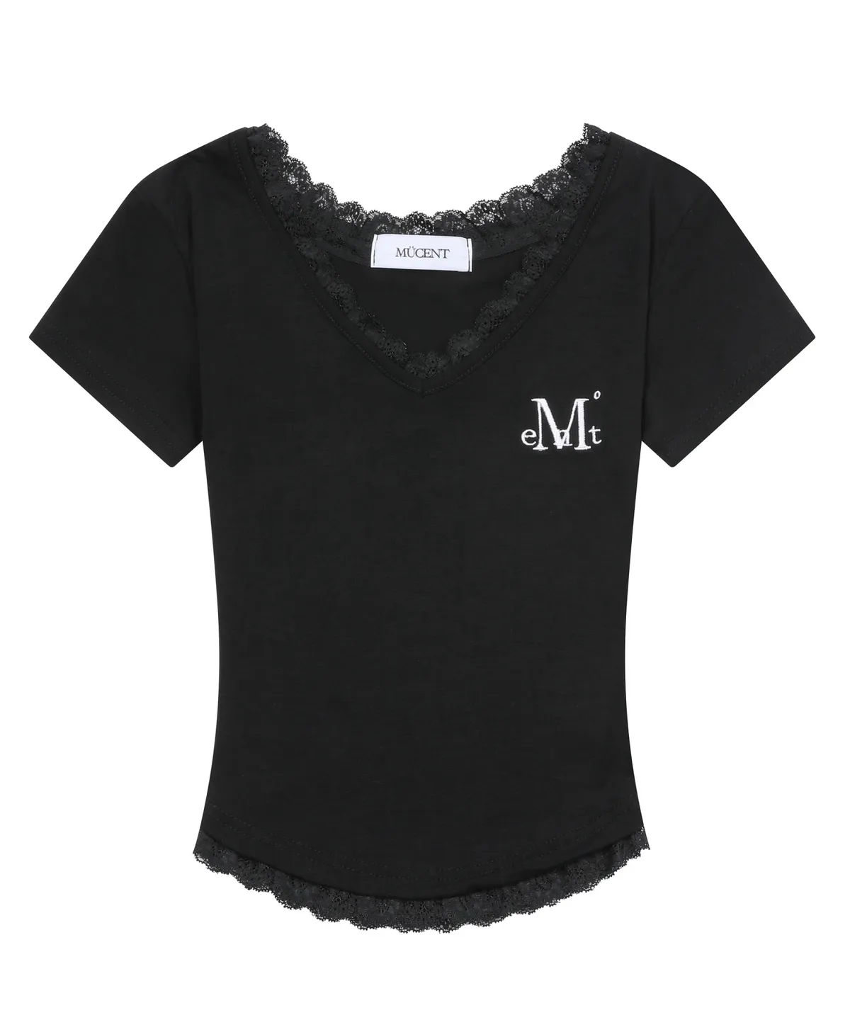 🆕新品上架 💖韓國暢銷品牌MÜCENT V領蕾絲刺繡LOGO修身圓弧下擺短版 T-shirt(3色)