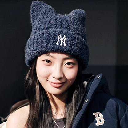 🔥新品上架 【梨花娘】💖韓國爆紅大缺貨!!正版限量柔軟洋基貓耳保暖毛線帽(5色)預購