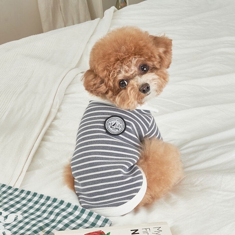韓國新品上架【梨花娘】🐾BAILEY 🐶秋冬新品 條紋翻領柔棉立體徽章刺繡寵物服飾(3色)