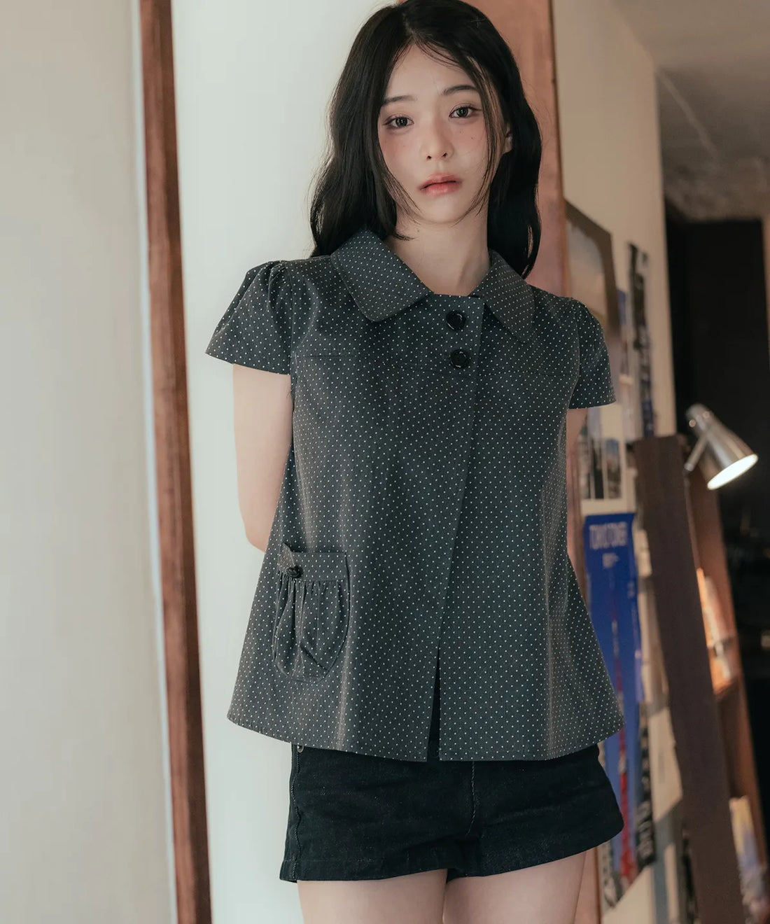 💖韓國暢銷品牌HIGH SCHOOL DISCO🆕新品上架 灰色復古圓點公主袖傘擺襯衫