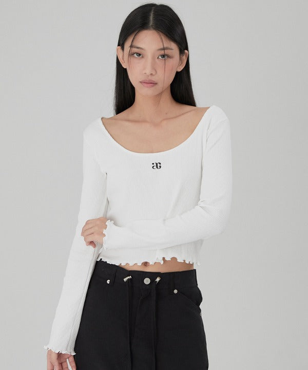 韓國 ACOVER {ac} LOGO U領子 花邊短身長 長袖T恤 (現貨+預購)