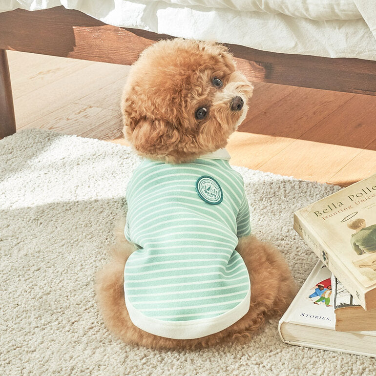 韓國新品上架【梨花娘】🐾BAILEY 🐶秋冬新品 條紋翻領柔棉立體徽章刺繡寵物服飾(3色)