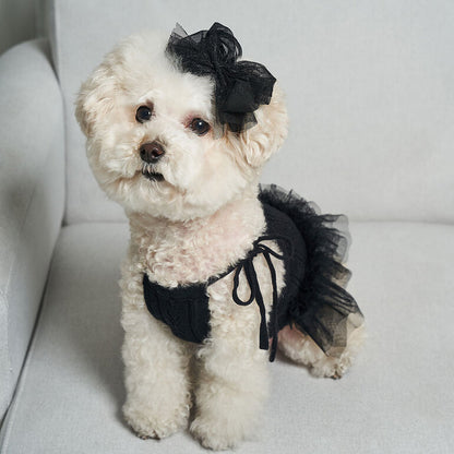 韓國新品上架【梨花娘】🐾BAILEY 🐶秋冬新品 針織拼接蕾絲氣質優雅花朵芭蕾舞裙寵物服飾(2色)