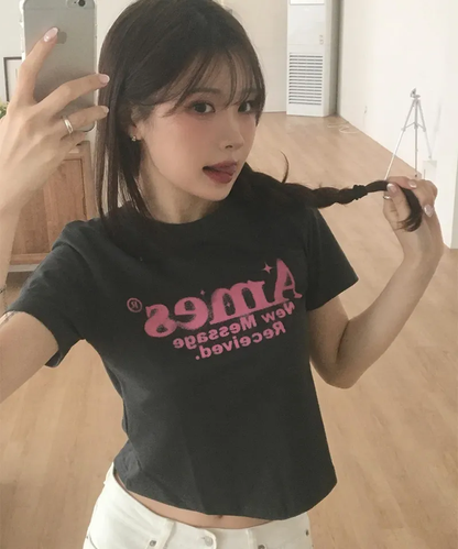 💖韓國暢銷品牌AMES-WORLDWIDE🆕新品上架 美式復古修身圓弧下擺短版 T-shirt(5色)