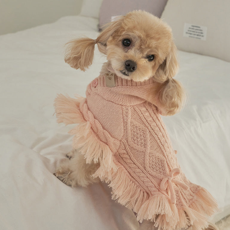 韓國【梨花娘】🐾BAILEY 🐶秋冬新品 針織毛線斗篷連帽蝴蝶結保暖寵物毛衣(2色)