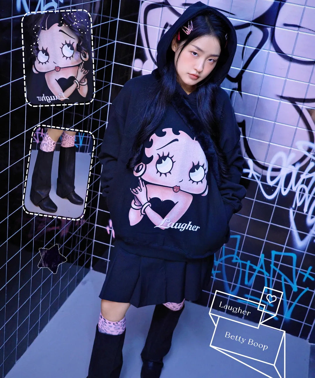 💜新品上架【梨花娘】💖韓國熱賣 Betty Boop 女王圖像連帽上衣(M~XL)