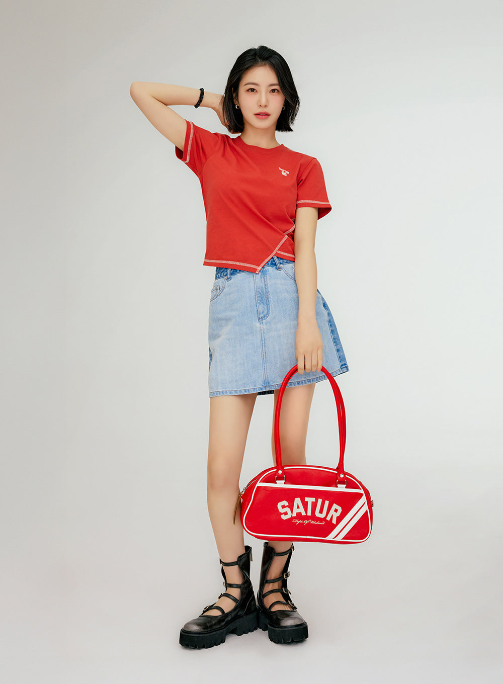 🆕新品上架【梨花娘】💖韓國品牌SATUR「撞色對比視覺顯瘦」 A 字顯瘦牛仔短裙(3色)