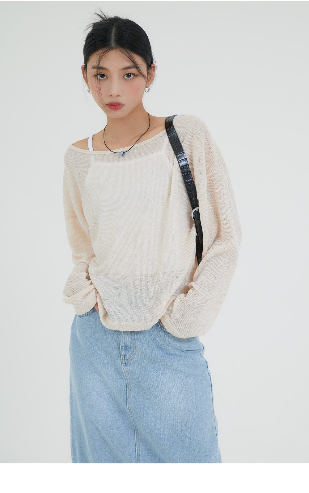 韓國 ACOVER  {U領} 透視款中長版半露臍 針織T恤 (現貨+預購)