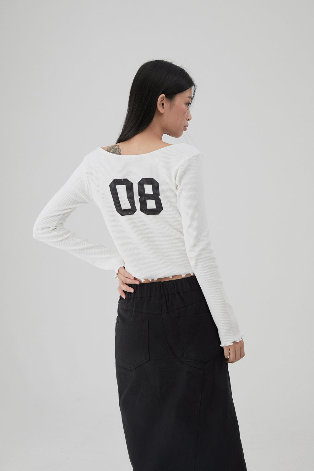 韓國 ACOVER {ac} LOGO U領子 花邊短身長 長袖T恤 (現貨+預購)