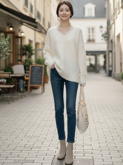 💕新品上架【梨花瑪雅】爆紅蕾絲花邊毛衣冬季慵懶寬鬆柔軟溫柔針織上衣💖💖(3色)